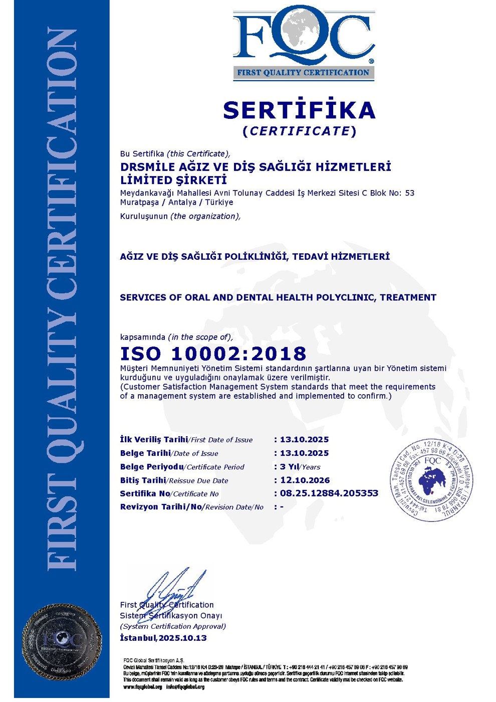 ISO 10002:2018 certificate issued to Dr Smile Antalya