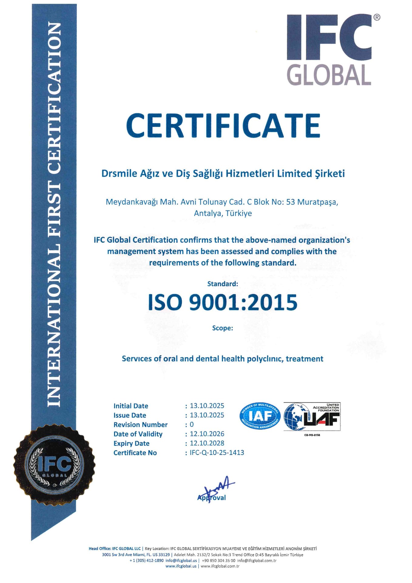 ISO 9001:2015 certificate issued to Dr Smile Antalya