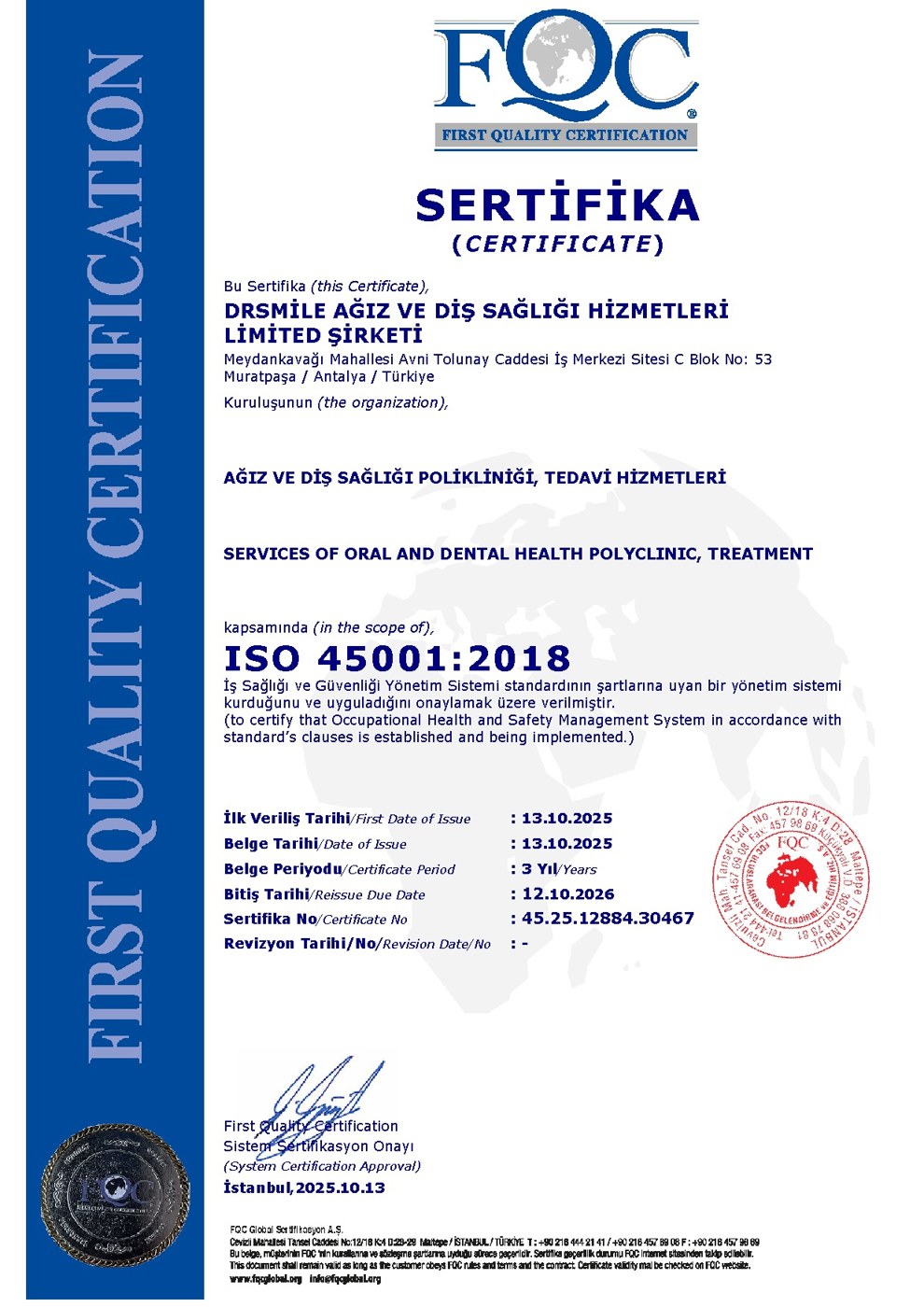ISO 45001:2018 certificate issued to Dr Smile Antalya