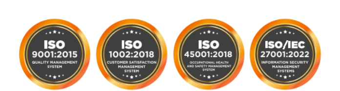 ISO 9001, ISO 10002, ISO 45001 and ISO/IEC 27001 certification badges
